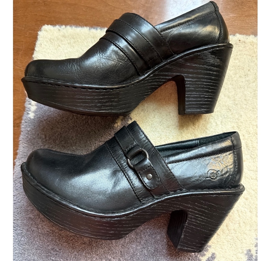 Born Dollie Platform Clogs Womens 9M Black Leather Chunky Heels Retro Twee Y2K